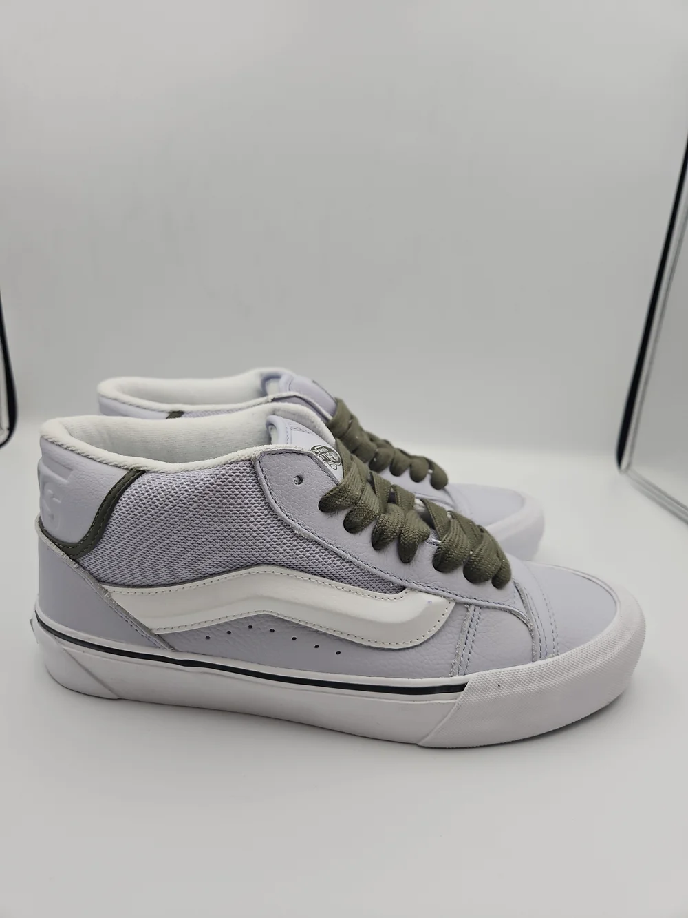 Vans Mid-Top Sneakers in Light Gray/Blue, White and Olive Green